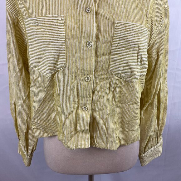 FRNCH Top S Chartreuse White Textured Stripe Cropped Button Front Long Sleeve - Picture 4 of 11